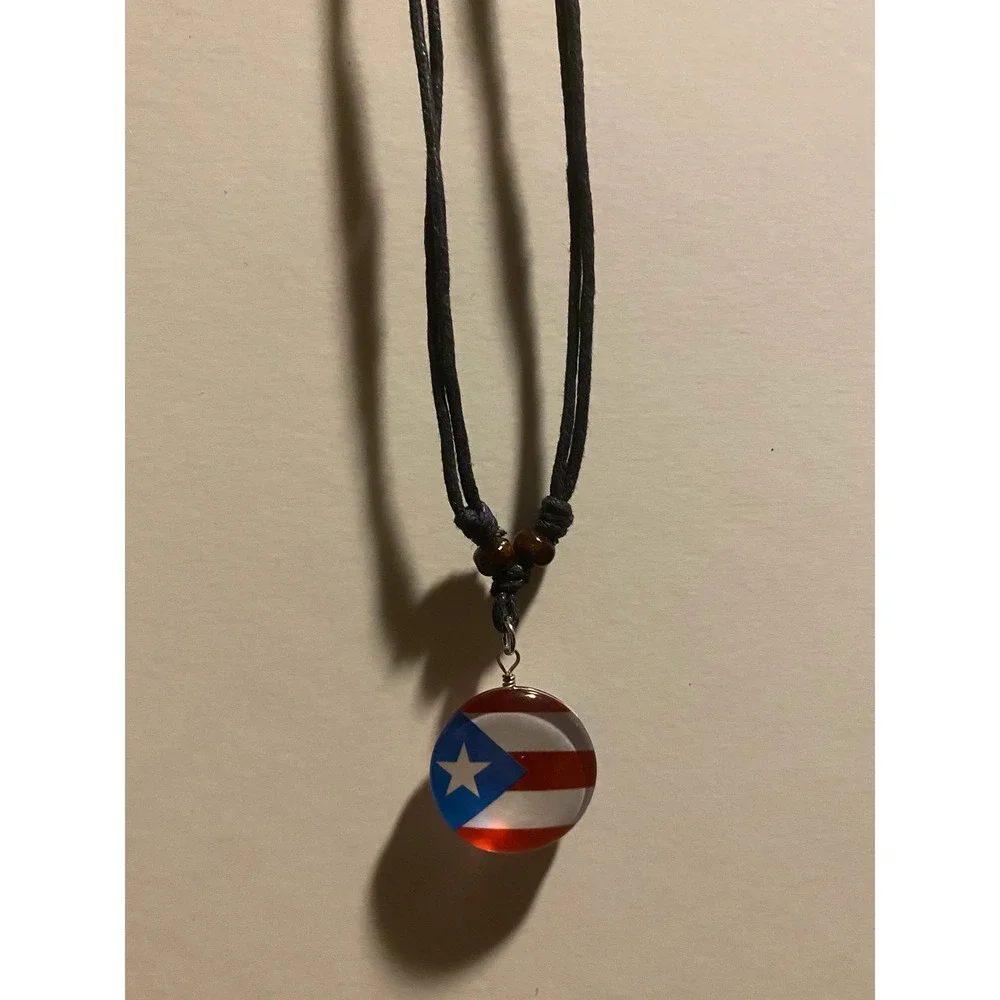 Puerto Rico Necklace with Flag Multicolor Boricua Heritage Pendant Black Cord